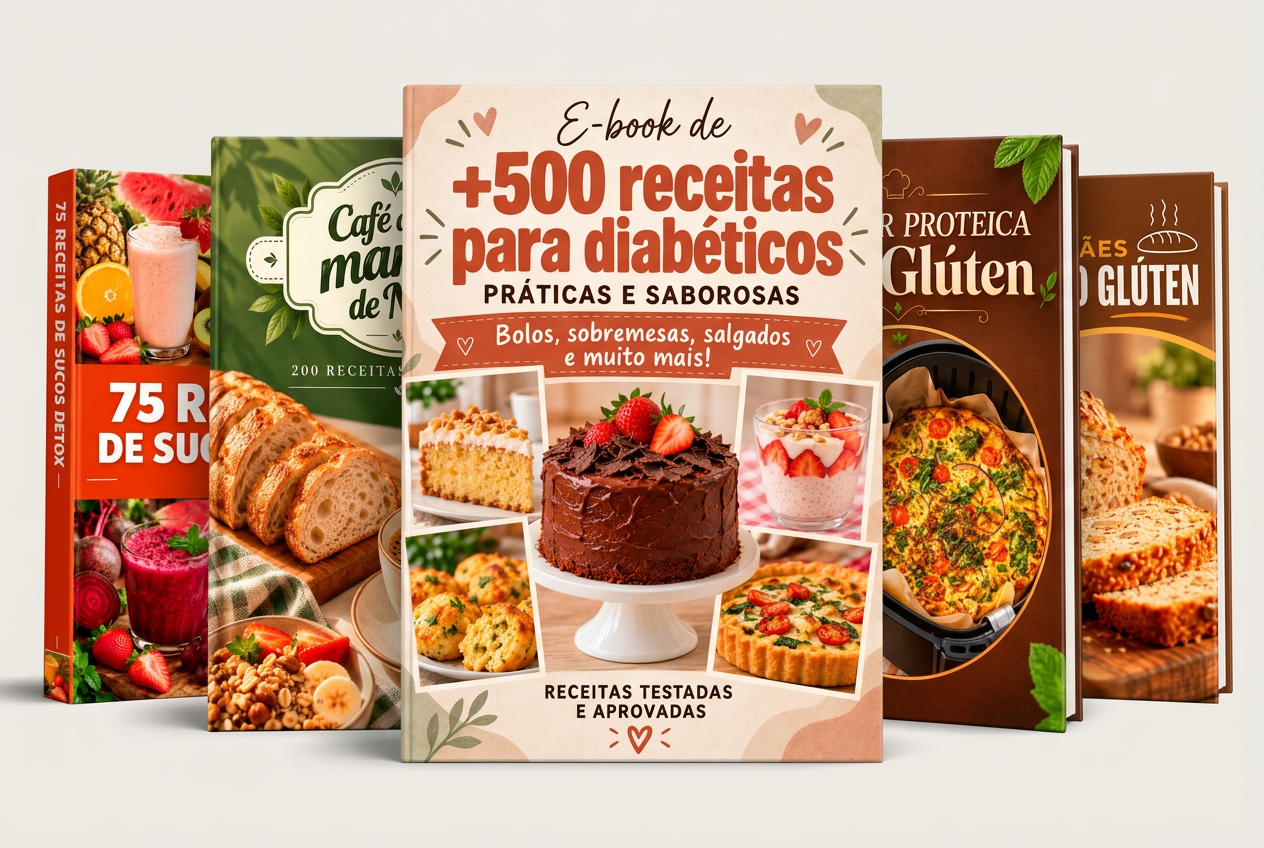 Ilustração dos cinco e-books: receitas para diabéticos, café da manhã, sucos, air fryer e pães